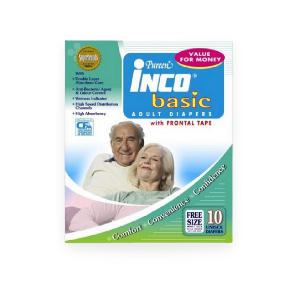 Pureen Inco Basic Adult Diapers 10's [Free Size]
