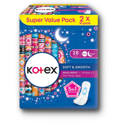 Kotex Soft & Smooth Overnight 28cm Non-wing 2x16's